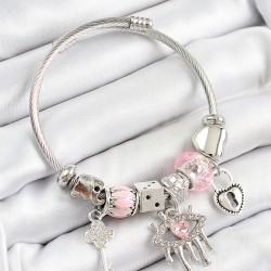 316L Çelik Pembe Zirkon Taşlı Göz Kilit Ve Anahtar Model Gümüş Renk Charm Bileklik