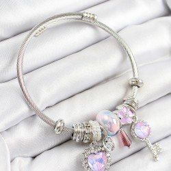 316L Çelik Pembe Zirkon Taşlı Yıldız Anahtar Ve Kalp Model Gümüş Renk Charm Bileklik