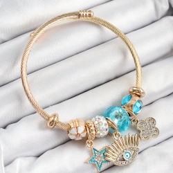 316L Çelik Mavi Zirkon Taşlı Yıldız Göz Ve Yonca Model Gold Renk Charm Bileklik