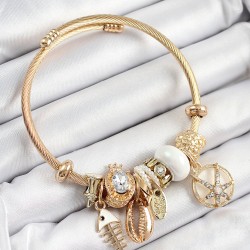 316L Çelik Beyaz Zirkon Taşlı Balık Deniz Kabuğu Ve Yıldızı Model Gold Renk Charm Bileklik