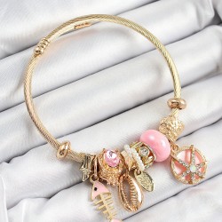 316L Çelik Pembe Zirkon Taşlı Balık Deniz Kabuğu Ve Yıldızı Model Gold Renk Charm Bileklik