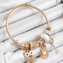 316L Çelik Beyaz Zirkon Taşlı Baykuş İstiridye Ve Anahtar Model Gold Renk Charm Bileklik