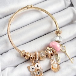 316L Çelik Pembe Zirkon Taşlı Baykuş İstiridye Ve Anahtar Model Gold Renk Charm Bileklik