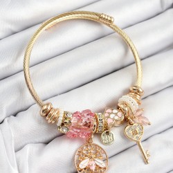 316L Çelik Pembe Zirkon Taşlı Baykuş Arı Ve Anahtar Model Gold Renk Charm Bileklik