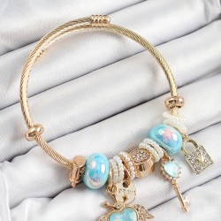 316L Çelik Mavi Zirkon Taşlı Kilit Anahtar Ve Kalp Model Gold Renk Charm BileklikCharm Bileklik