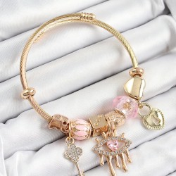 316L Çelik Pembe Zirkon Taşlı Kilit Göz Ve Anahtar Model Gold Renk Charm Bileklik