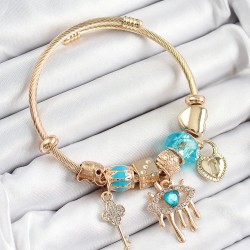 316L Çelik Mavi Zirkon Taşlı Kilit Göz Ve Anahtar Model Gold Renk Charm Bileklik