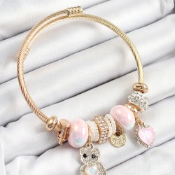 316L Çelik Pembe Zirkon Taşlı Ayıcık Ve Kalp Model Gold Renk Charm Bileklik