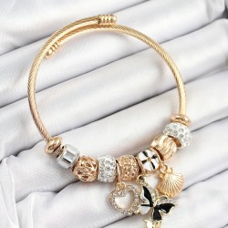 316L Çelik Siyah Zirkon Taşlı Kalp Kelebek Ve İstiridye Model Gold Renk Charm Bileklik