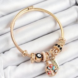 316L Çelik Siyah Nazarlı Zirkon Taşlı İnci Detaylı Hayat Ağacı Model Gold Renk Charm Bileklik
