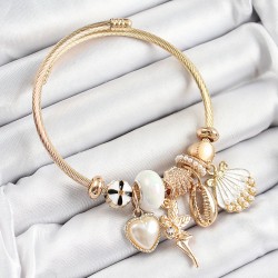 316L Çelik Beyaz Zirkon Taşlı Yıldız Melek İstiridye Ve Kalp Model Gold Renk Charm Bileklik