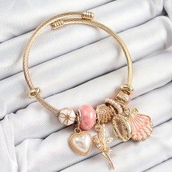 316L Çelik Pembe Zirkon Taşlı Yıldız Melek İstiridye Ve Kalp Model Gold Renk Charm Bileklik