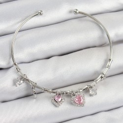 Pirinç Zirkon Taşlı Pembe Kalp Model Gümüş Renk Charm Bileklik