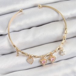 Pirinç Zirkon Taşlı Pembe Kalp Model Gold Renk Charm Bileklik