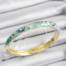 Mineli Pirinç Turkuaz Ve Mavi Çiçek Motifli Gold Renk Kadın Kelepçe