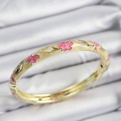 Mineli Pirinç Pembe Ve Hardal Çiçek Motifli Gold Renk Kadın Kelepçe