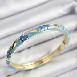 Mineli Pirinç Mavi Ve Turkuaz Çiçek Motifli Gold Renk Kadın Kelepçe