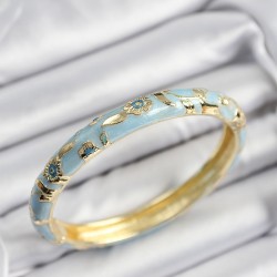 Mineli Pirinç Mavi Çiçek Motifli Gold Renk Kadın Kelepçe