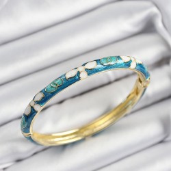 Mineli Pirinç Mavi Ve Beyaz Çiçek Motifli Gold Renk Kadın Kelepçe