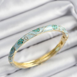 Mineli Pirinç Turkuaz Çiçek Motifli Gold Renk Kadın Kelepçe