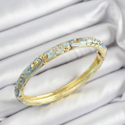 Mineli Pirinç Zirkon Taşlı Turkuaz Çiçek Motifli Gold Renk Kadın Kelepçe