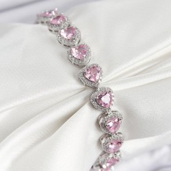 Pirinç Zirkon Taşlı Pembe Kalp Baget Model Gümüş Renk VIP Seri Kadın Bileklik