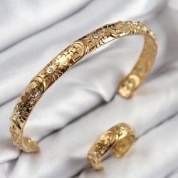 Pirinç Zirkon Taşlı Vintage Model Gold Renk Bileklik Yüzük Set
