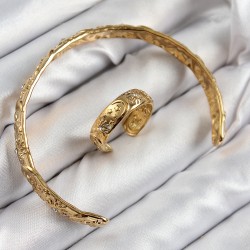Pirinç Zirkon Taşlı Vintage Model Gold Renk Bileklik Yüzük Set