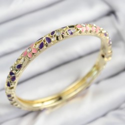 Mineli Pirinç Zirkon Taşlı Pembe Mor Çiçek Motifli Gold Kadın Kelepçe