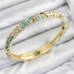 Mineli Pirinç Zirkon Taşlı Turkuaz Krem Çiçek Motifli Gold Kadın Kelepçe