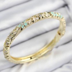 Mineli Pirinç Zirkon Taşlı Yeşil Krem Çiçek Motifli Gold Kadın Kelepçe