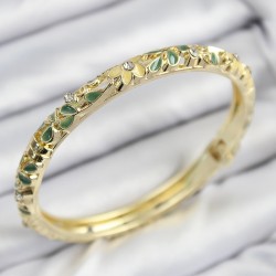 Mineli Pirinç Zirkon Taşlı Yeşil Sarı Çiçek Motifli Gold Kadın Kelepçe