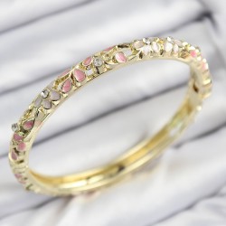 Mineli Pirinç Zirkon Taşlı Pembe Çiçek Motifli Gold Kadın Kelepçe