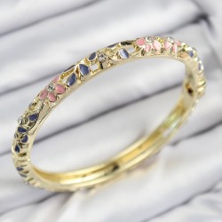Mineli Pirinç Zirkon Taşlı Pembe Mor Çiçek Motifli Gold Kadın Kelepçe