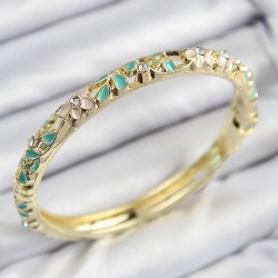 Mineli Pirinç Zirkon Taşlı Turkuaz Çiçek Motifli Gold Kadın Kelepçe