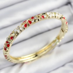 Mineli Pirinç Zirkon Taşlı Kırmızı Çiçek Motifli Gold Kadın Kelepçe