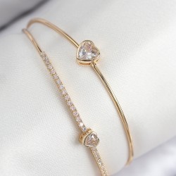 Pirinç Zirkon Taşlı Kalp Model Gold Renk Kadın Bileklik