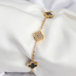 316L Çelik Gold Renk Siyah ve Zirkon Taşlı Baby Boy Yonca Kadın Bileklik