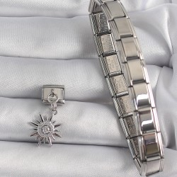 316L Çelik Gümüş Renk Sallantı Zirkon Taşlı Güneş Model Nomination Charm