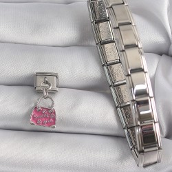 316L Çelik Gümüş Renk Sallantı Pembe Çanta Model Nomination Charm