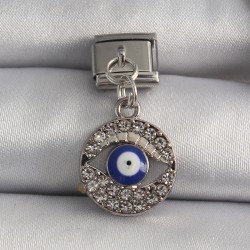316L Çelik Gümüş Renk Sallantı Zirkon Taşlı Göz Model Nazar Boncuk Detay Nomination Charm