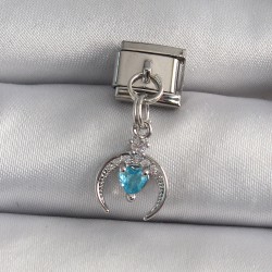316L Çelik Gümüş Renk Sallantı Zirkon Taşlı Hilal Model Mavi Kalp Detay Nomination Charm