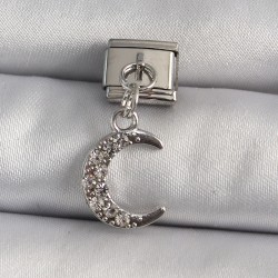 316L Çelik Gümüş Renk Sallantı Zirkon Taşlı Hilal Model Nomination Charm