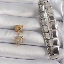 316L Çelik Gold Renk Sallantı Zirkon Taşlı Güneş Model Nomination Charm