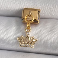 316L Çelik Gold Renk Sallantı Zirkon Taşlı Taç Model Nomination Charm