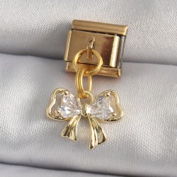 316L Çelik Gold Renk Sallantı Zirkon Taşlı Fiyonk Model Nomination Charm