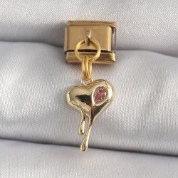 316L Çelik Gold Renk Sallantı Eriyen Kalp Model Pembe Zirkon Taş Detaylı Nomination Charm