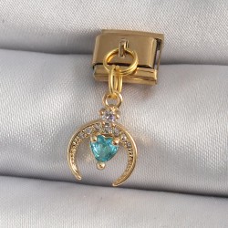 316L Çelik Gold Renk Sallantı Zirkon Taşlı Hilal Model Mavi Kalp Detay Nomination Charm