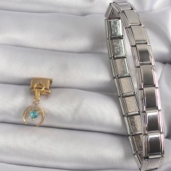 316L Çelik Gold Renk Sallantı Zirkon Taşlı Hilal Model Mavi Kalp Detay Nomination Charm