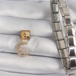 316L Çelik Gold Renk Sallantı Zirkon Taşlı Hilal Model Nomination Charm